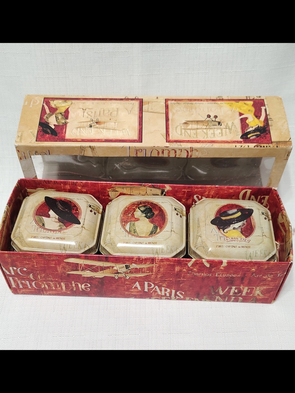 3 Candles In Tins Honey Vanilla Scent Vintage 20s Paris Artwork Beautiful Ladies
